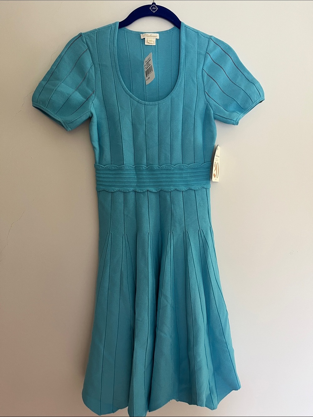 Shoshanna Turquoise Short-Sleeve Knit Fit-and-Flare Dress
